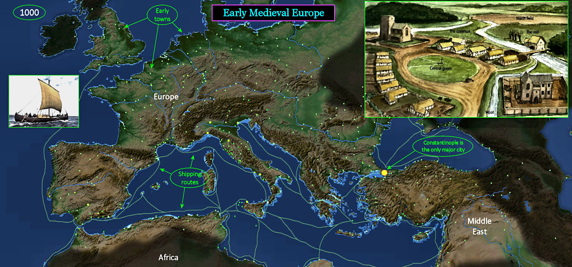Medieval manors and towns, 1000 AD map